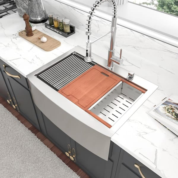 Sarlai 33 in. Farmhouse Top Mount Single Bowl 16 -Gauge Stainless Steel Workstation Kitchen Sink with Bottom Grid