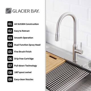 Glacier Bay Zero Radius 33 in. Undermount Single Bowl 18 Gauge Stainless Steel Workstation Kitchen Sink with Pull-Down Faucet