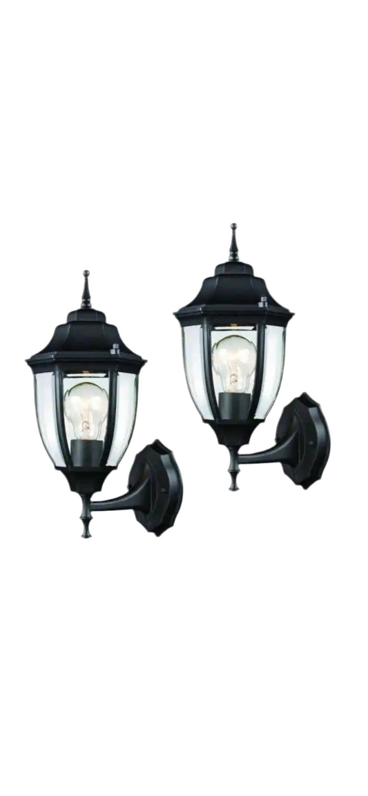 Wall Lantern 1-Light Black Outdoor Sconce with Clear Glass (2-Pack)