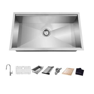 Glacier Bay Zero Radius 33 in. Undermount Single Bowl 18 Gauge Stainless Steel Workstation Kitchen Sink with Pull-Down Faucet