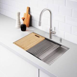 Glacier Bay Zero Radius 33 in. Undermount Single Bowl 18 Gauge Stainless Steel Workstation Kitchen Sink with Pull-Down Faucet