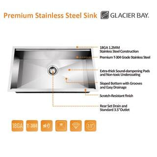 Glacier Bay Zero Radius 33 in. Undermount Single Bowl 18 Gauge Stainless Steel Workstation Kitchen Sink with Pull-Down Faucet